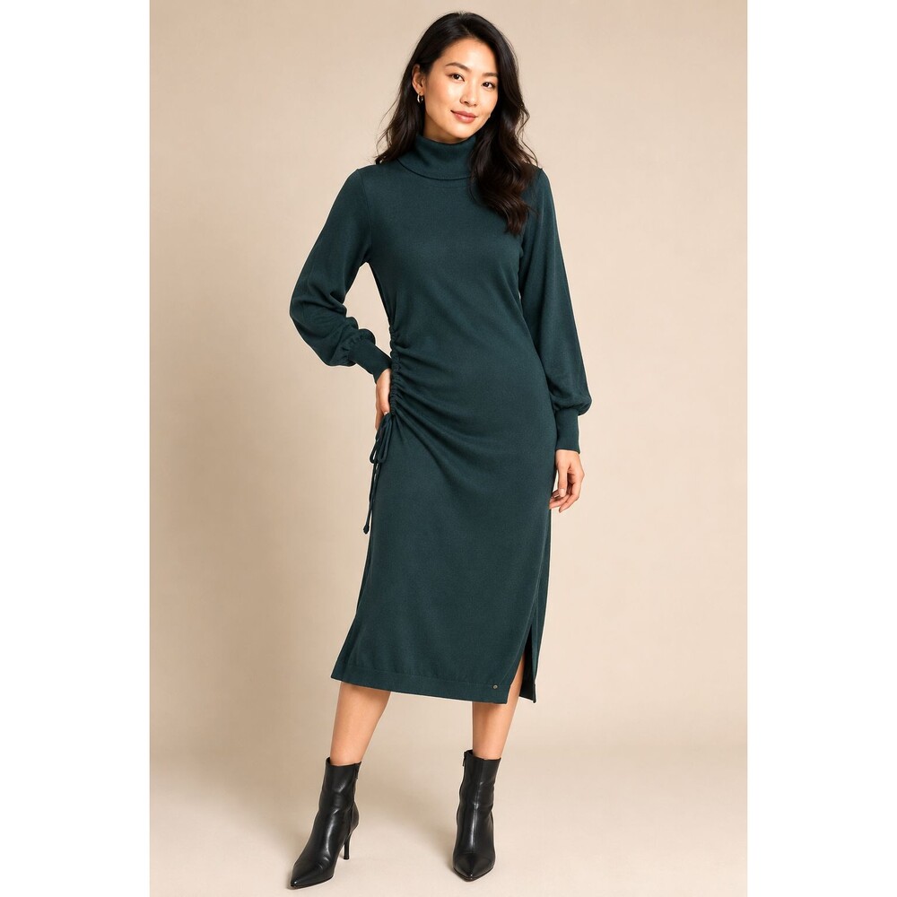 Ted Baker Forest Green Knit Sweater Dress Ruched Side Slit Mock Neck 3 US 8-10